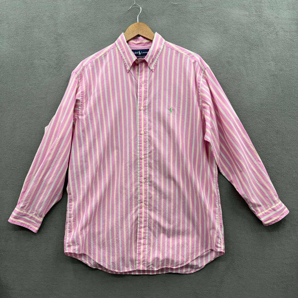Ralph Lauren Mens 16/33 Polo Long Sleeve Button Up Shirt Pink Striped Green Pony